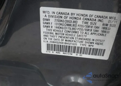 2011 Acura Mdx Technology Package z USA, uszkodzony, nr VIN 2HNYD2H41BH521635